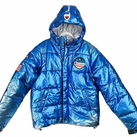 Champion Other - NWT Amazing CHAMPION x NASA Metallic Blue Puffer Space Jacket Puffer Coat Large